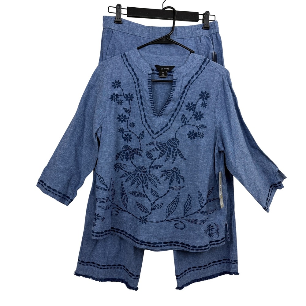 Ali Miles Pant Set Womens PM Blue Embroidered Linen Tunic Cropped Pants NWT